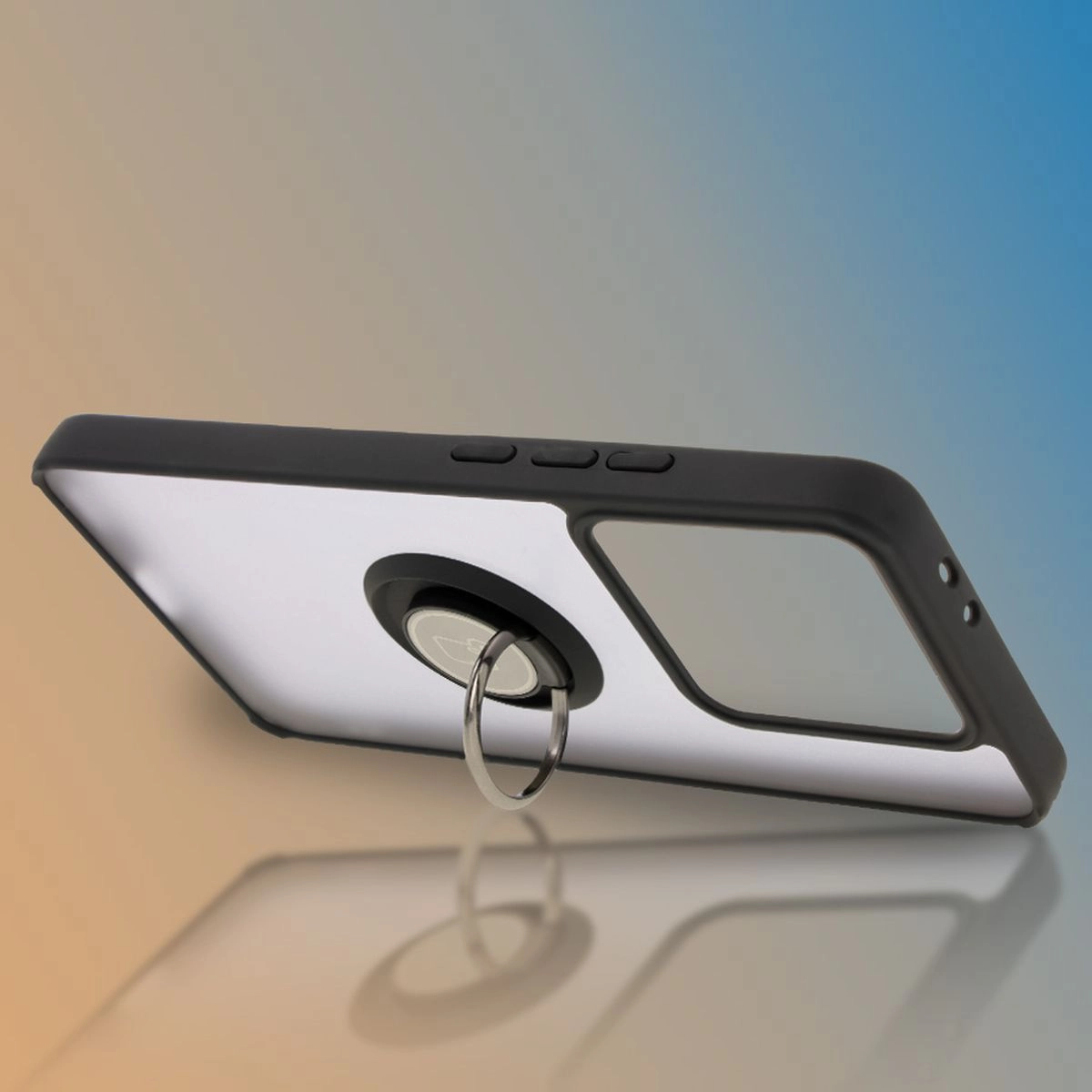 Etui Bizon z uchwytem na palec Hybrid Ring do Xiaomi 14T Pro Przydymione z czarną ramką