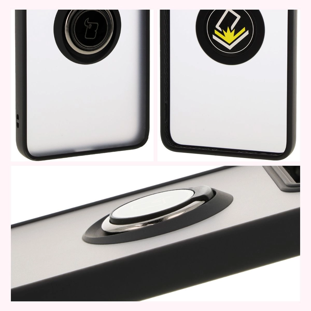 Etui Bizon z uchwytem na palec Hybrid Ring do Xiaomi 14T Pro Przydymione z czarną ramką