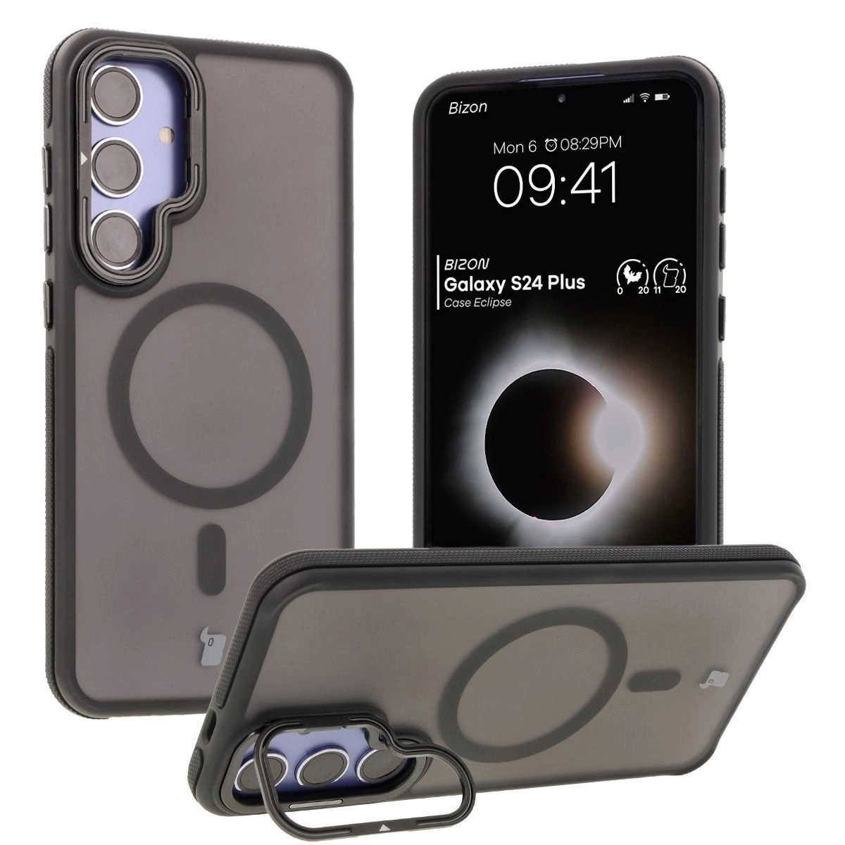 Etui Bizon Eclipse z MagSafe i podstawką do Galaxy S24 Plus Przydymione z czarną ramką