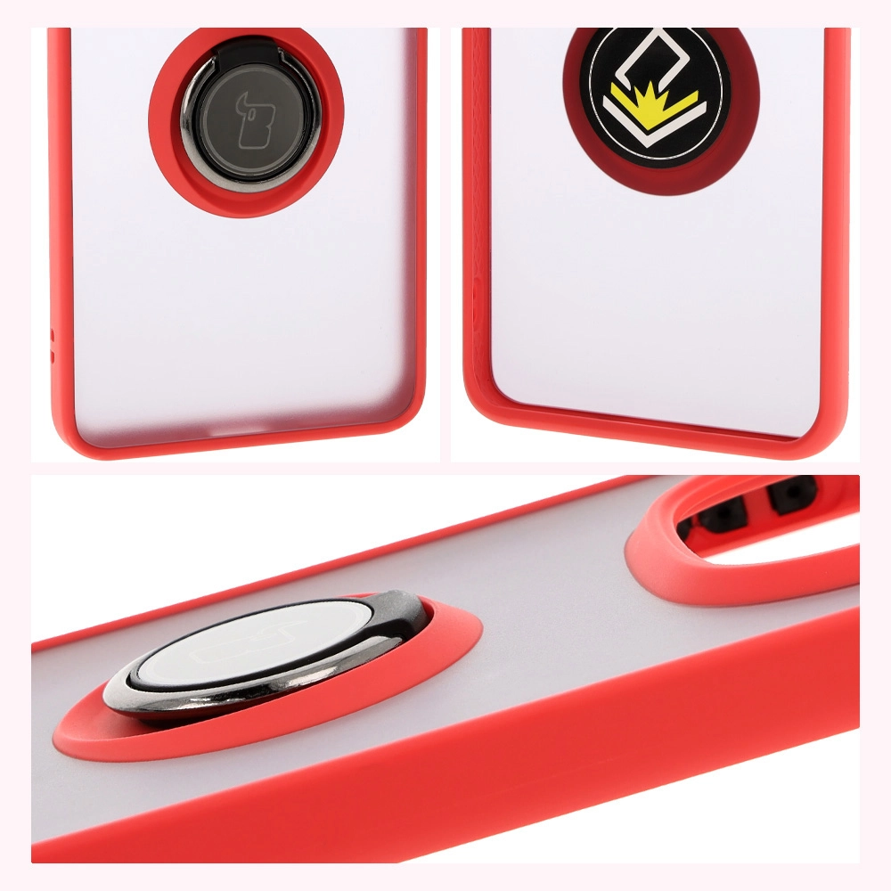 Etui Bizon z uchwytem na palec Hybrid Ring do Xiaomi Redmi Note 14 Pro 5G / Poco X7 Przydymione z czerwoną ramką