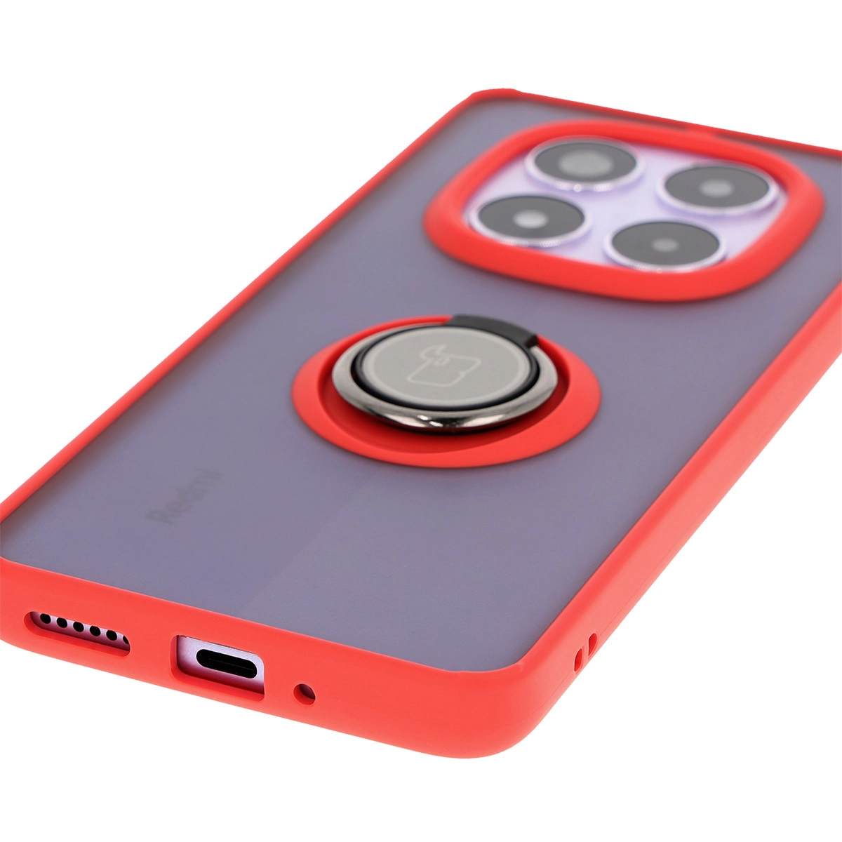 Etui Bizon z uchwytem na palec Hybrid Ring do Xiaomi Redmi Note 14 Pro 5G / Poco X7 Przydymione z czerwoną ramką