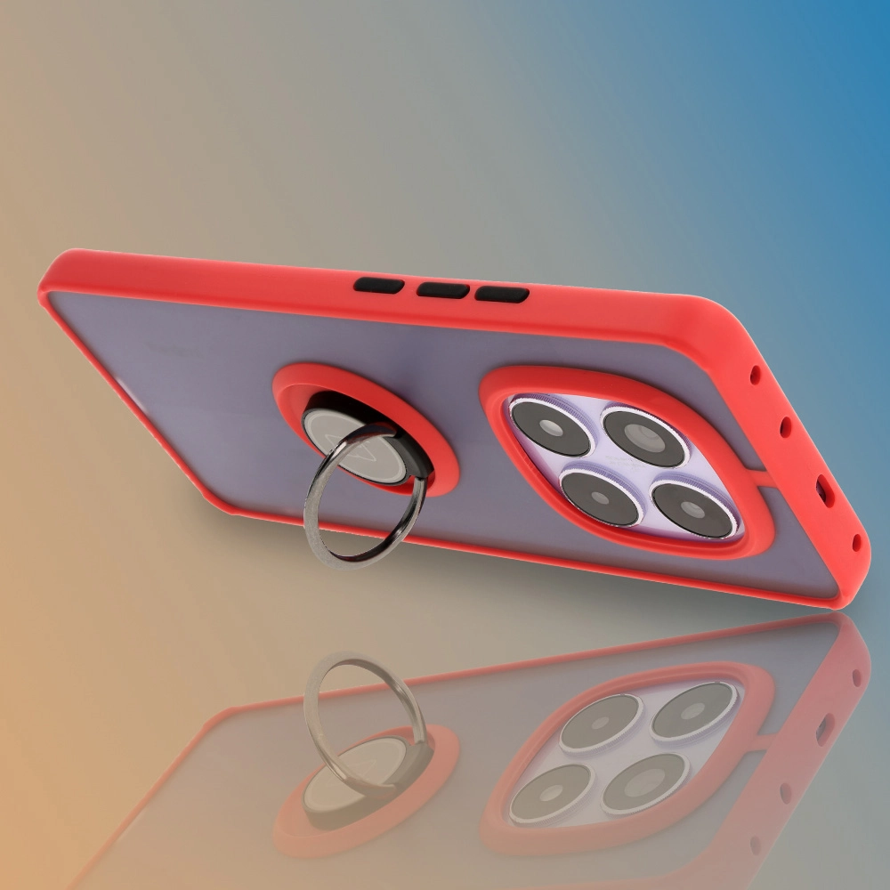 Etui Bizon z uchwytem na palec Hybrid Ring do Xiaomi Redmi Note 14 Pro 5G / Poco X7 Przydymione z czerwoną ramką