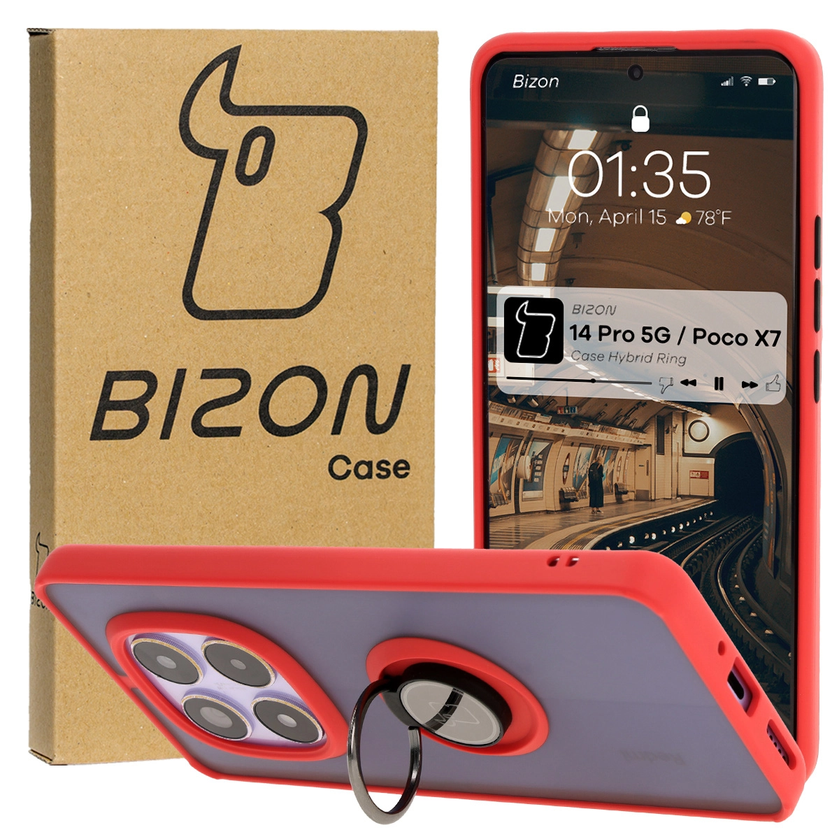 Etui Bizon z uchwytem na palec Hybrid Ring do Xiaomi Redmi Note 14 Pro 5G / Poco X7 Przydymione z czerwoną ramką