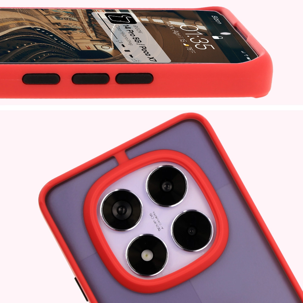 Etui Bizon z uchwytem na palec Hybrid Ring do Xiaomi Redmi Note 14 Pro 5G / Poco X7 Przydymione z czerwoną ramką