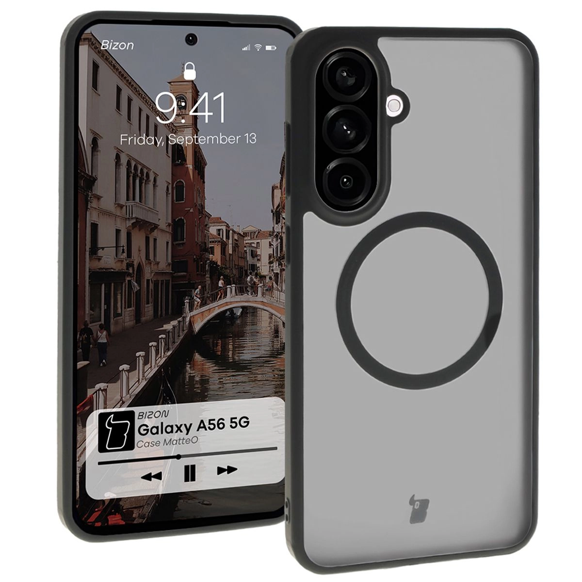 Etui Bizon MatteO z MagSafe do Galaxy A56 5G Półprzezroczyste z czarną ramką