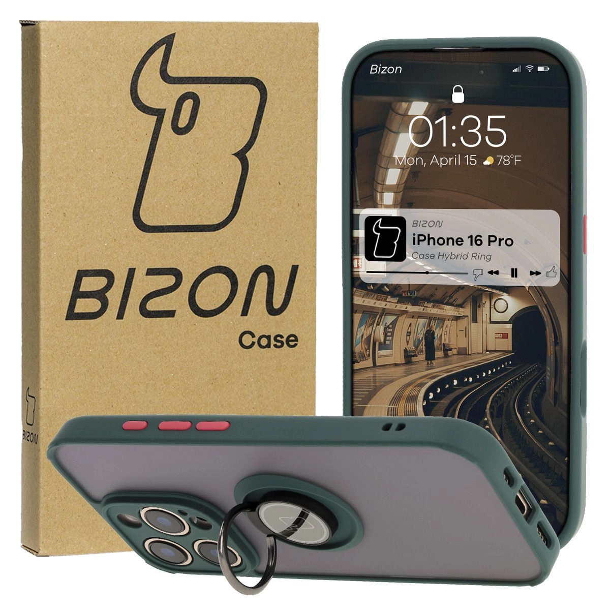 Etui Bizon z uchwytem na palec Hybrid Ring do iPhone 16 Pro Przydymione z ciemnozieloną ramką