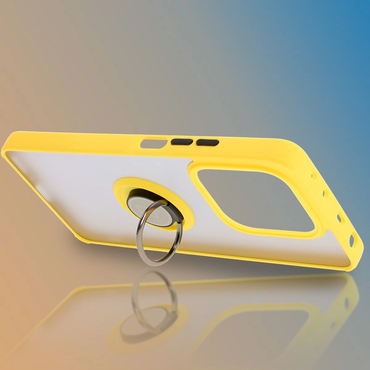 Etui Bizon z uchwytem na palec Hybrid Ring do Xiaomi Redmi Note 14 5G Przydymione z żółtą ramką