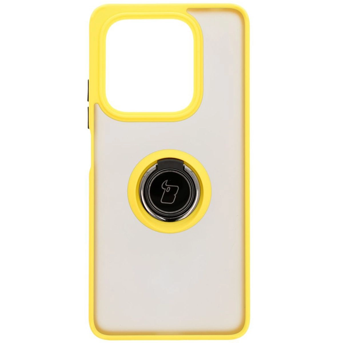 Etui Bizon z uchwytem na palec Hybrid Ring do Xiaomi Redmi Note 14 5G Przydymione z żółtą ramką