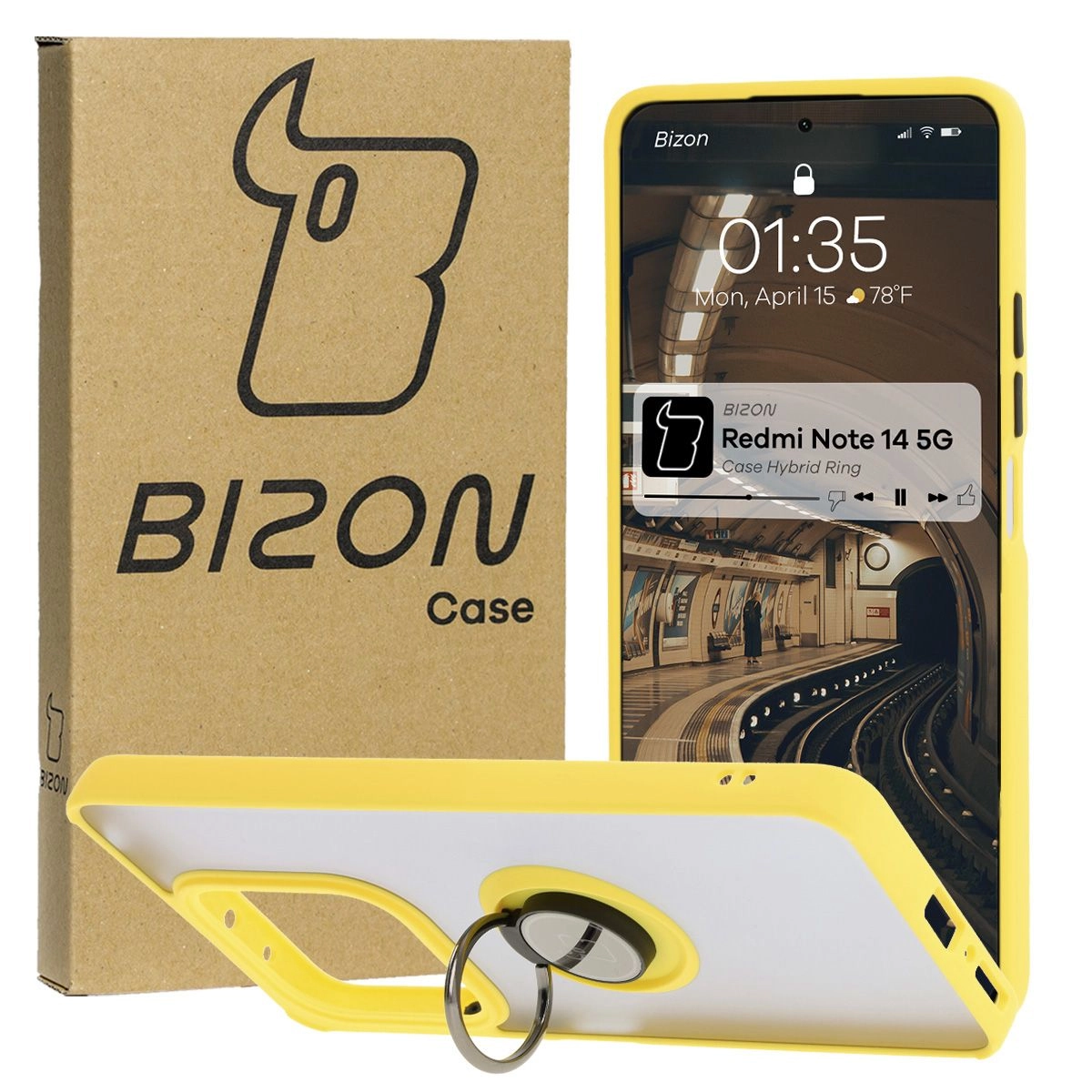 Etui Bizon z uchwytem na palec Hybrid Ring do Xiaomi Redmi Note 14 5G Przydymione z żółtą ramką