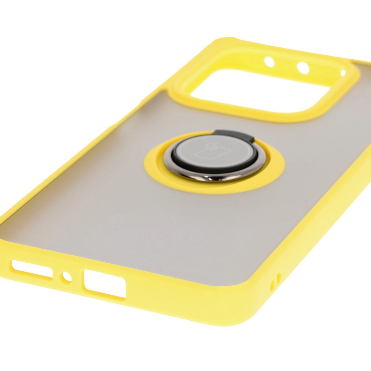 Etui Bizon z uchwytem na palec Hybrid Ring do Xiaomi Redmi Note 14 5G Przydymione z żółtą ramką