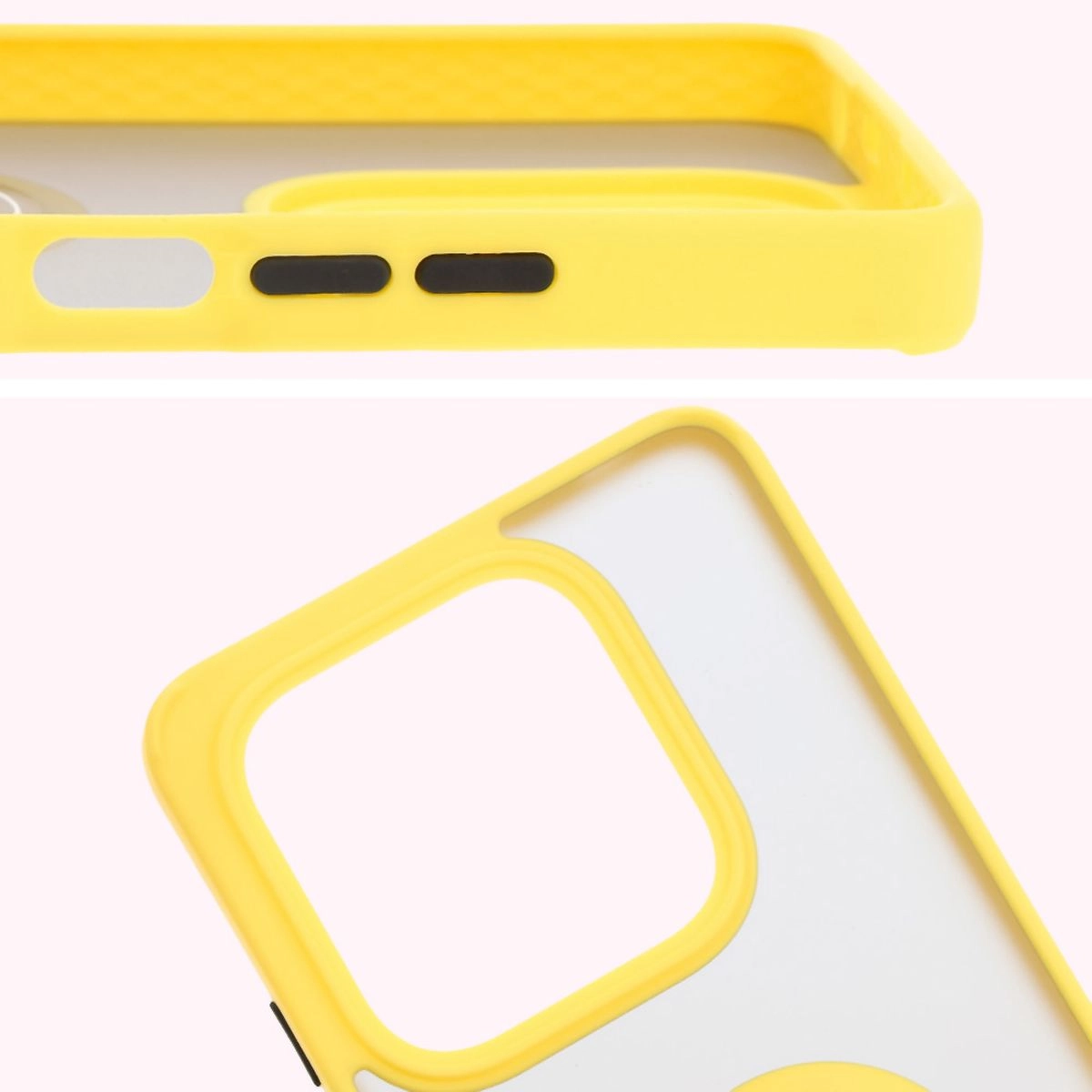 Etui Bizon z uchwytem na palec Hybrid Ring do Xiaomi Redmi Note 14 5G Przydymione z żółtą ramką