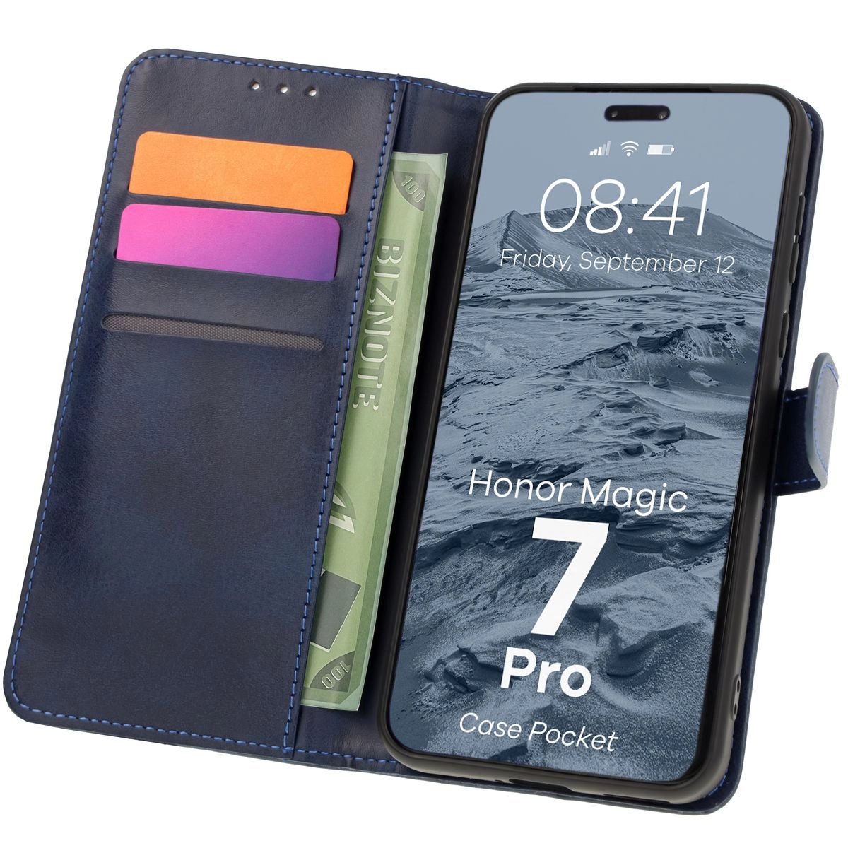 Etui Bizon z klapką Pocket do Honor Magic7 Pro Granatowy