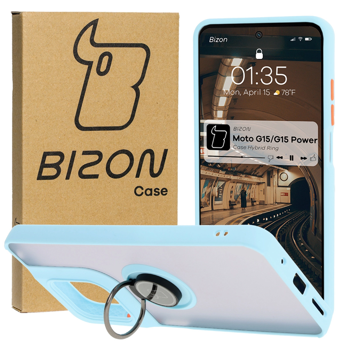 Etui Bizon z uchwytem na palec Hybrid Ring do Motorola Moto G15 / G15 Power Przydymione z jasnoniebieską ramką