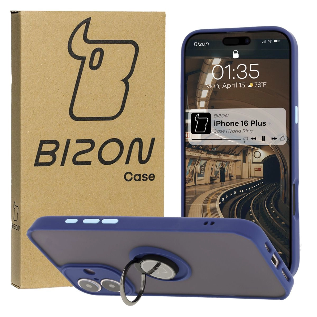 Etui Bizon z uchwytem na palec Hybrid Ring do iPhone 16 Plus Przydymione z granatową ramką