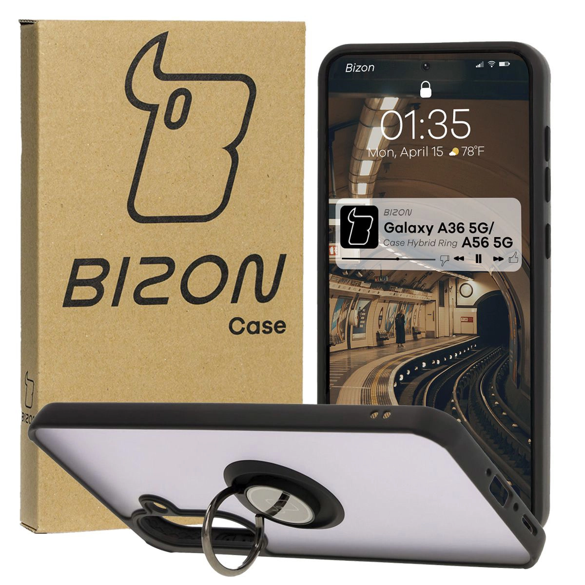 Etui Bizon z uchwytem na palec Hybrid Ring do Galaxy A36 5G / A56 5G Przydymione z czarną ramką