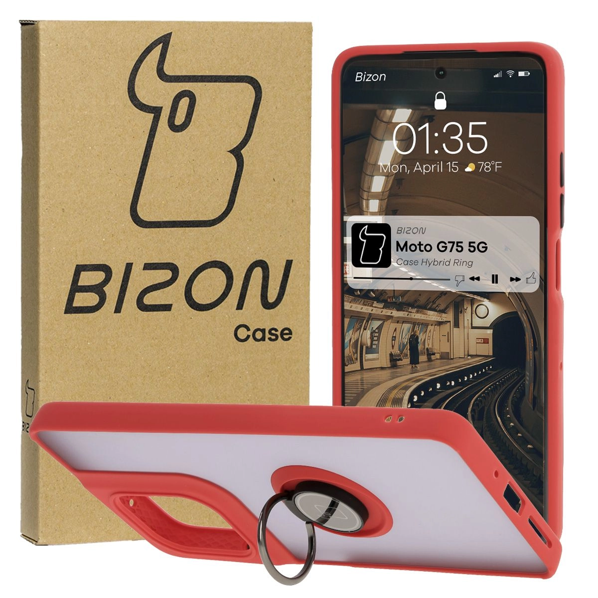 Etui Bizon z uchwytem na palec Hybrid Ring do Motorola Moto G75 5G Przydymione z czerwoną ramką