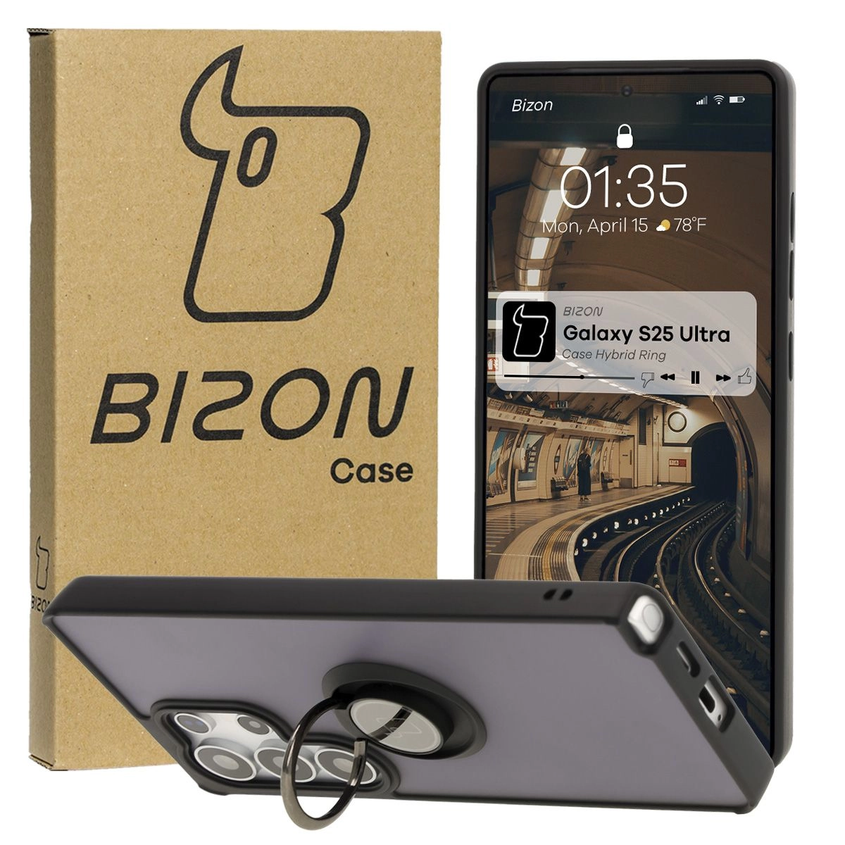 Etui Bizon z uchwytem na palec Hybrid Ring do Galaxy S25 Ultra Przydymione z czarną ramką