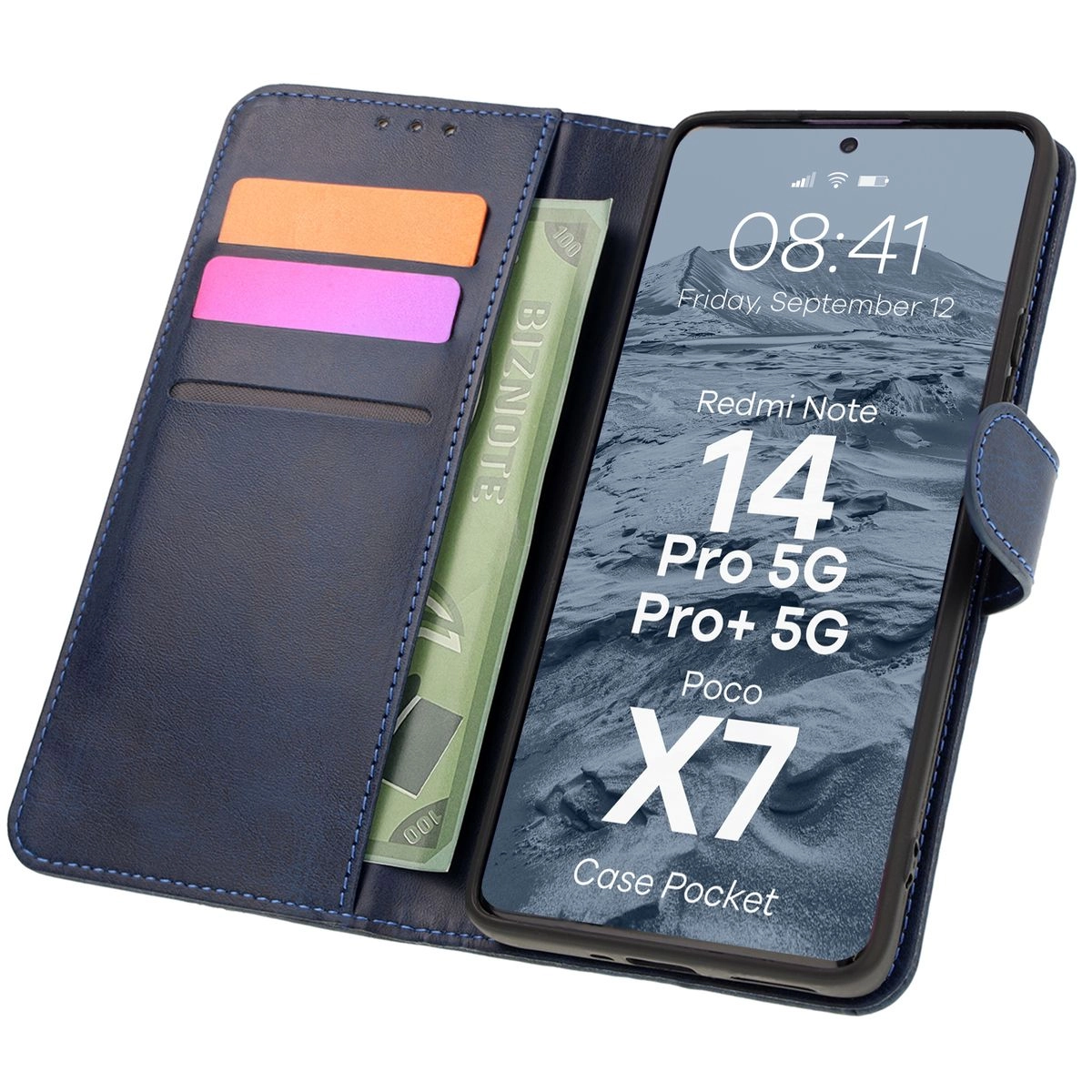 Etui Bizon z klapką Pocket do Xiaomi Redmi Note 14 Pro 5G/Poco X7 Granatowy