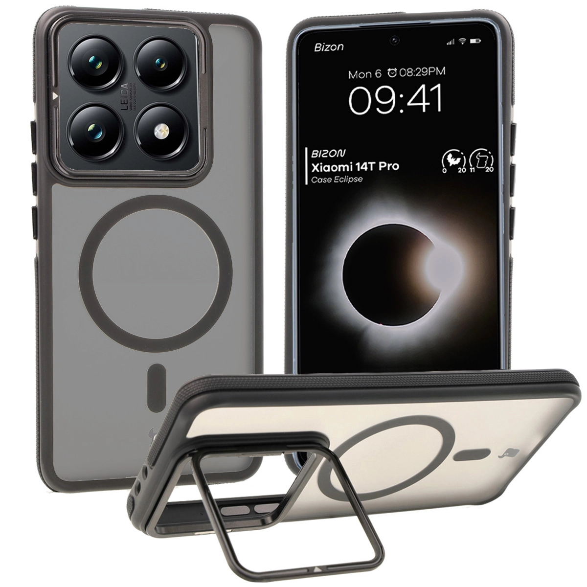 Etui Bizon Eclipse z MagSafe i podstawką do Xiaomi 14T Pro Przydymione z czarną ramką