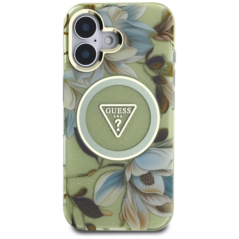 Etui Guess Glitter Flowers Triangle Buttons MagSafe do iPhone 16 Zielony