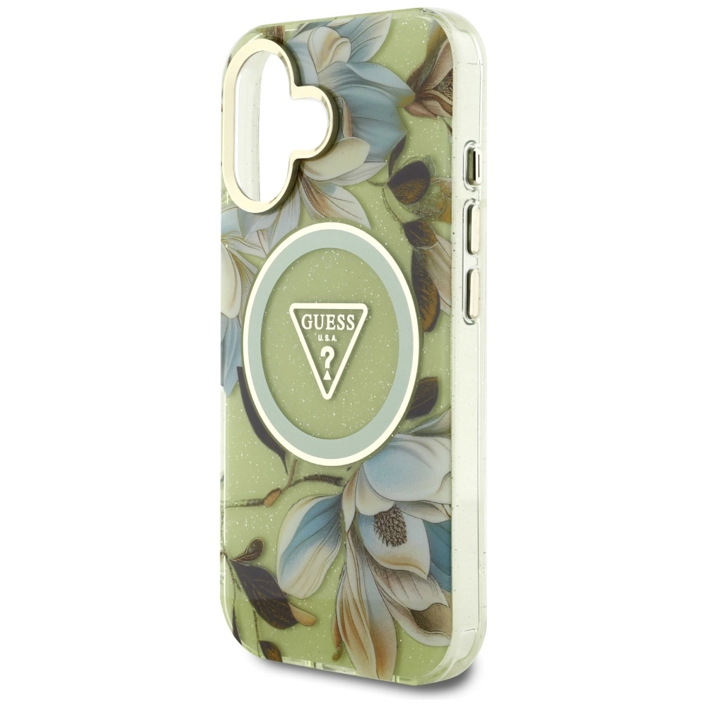 Etui Guess Glitter Flowers Triangle Buttons MagSafe do iPhone 16 Zielony