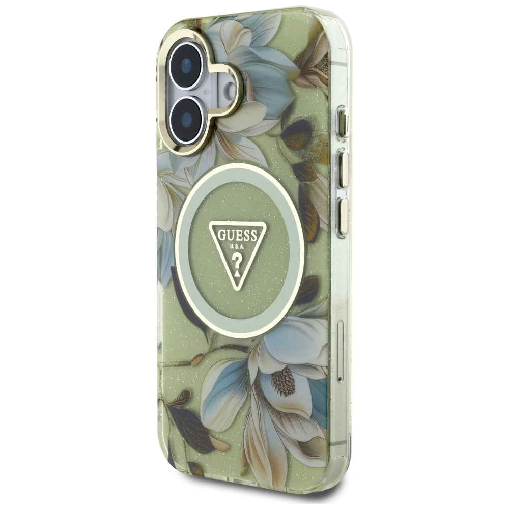 Etui Guess Glitter Flowers Triangle Buttons MagSafe do iPhone 16 Zielony