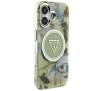 Etui Guess Glitter Flowers Triangle Buttons MagSafe do iPhone 16 Zielony