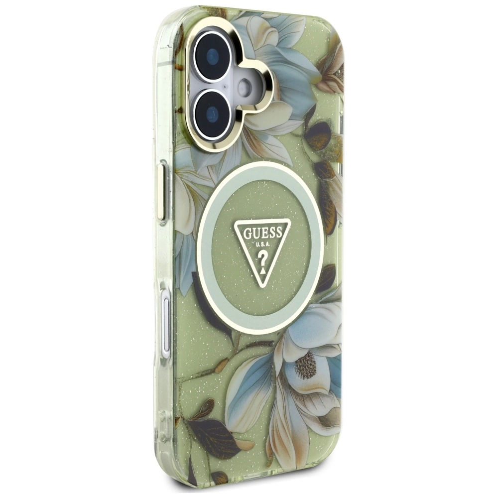 Etui Guess Glitter Flowers Triangle Buttons MagSafe do iPhone 16 Zielony