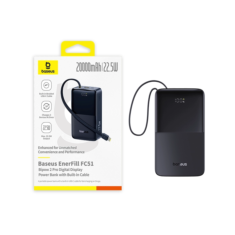 Powerbank Baseus Bipow 2 Pro 20000mAh 22.5W Cyfrowy wyświetlacz, Wbudowany kabel USB-C Czarny