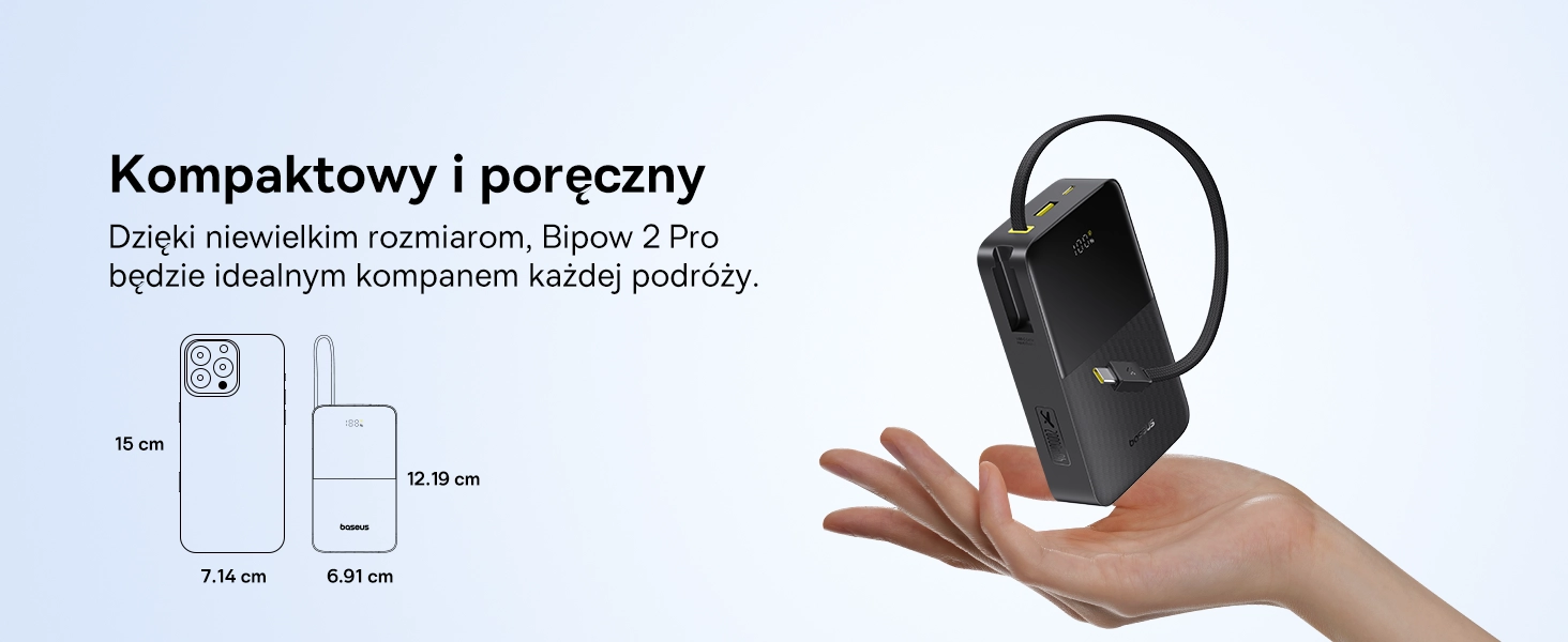 Powerbank Baseus Bipow 2 Pro 20000mAh 22.5W Cyfrowy wyświetlacz, Wbudowany kabel USB-C Czarny