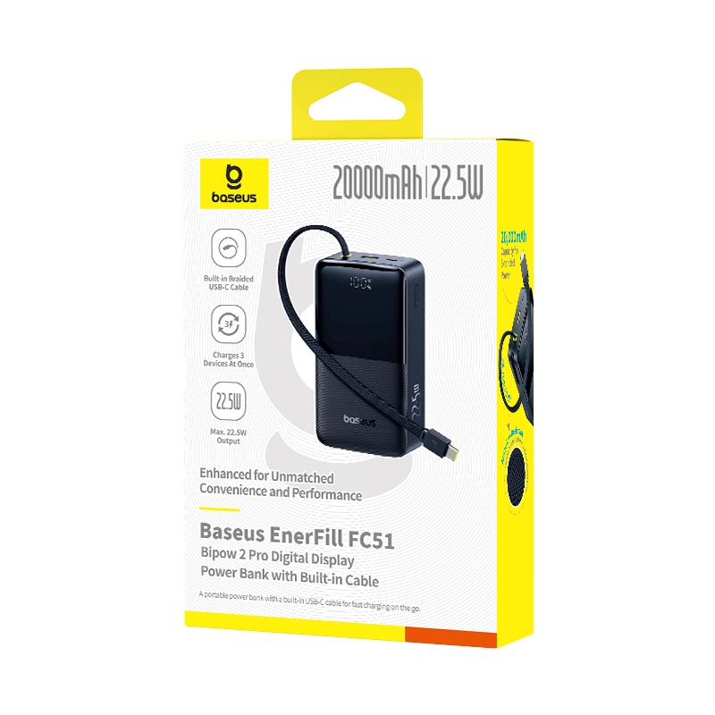 Powerbank Baseus Bipow 2 Pro 20000mAh 22.5W Cyfrowy wyświetlacz, Wbudowany kabel USB-C Czarny
