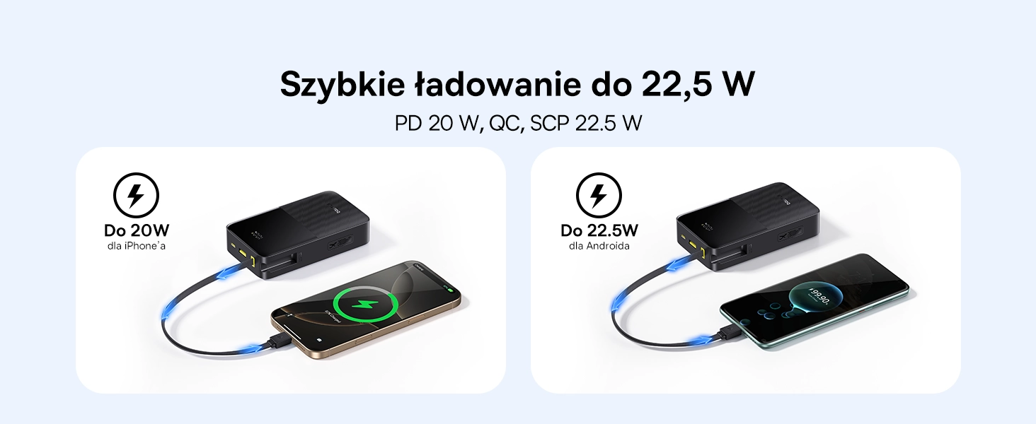Powerbank Baseus Bipow 2 Pro 20000mAh 22.5W Cyfrowy wyświetlacz, Wbudowany kabel USB-C Czarny