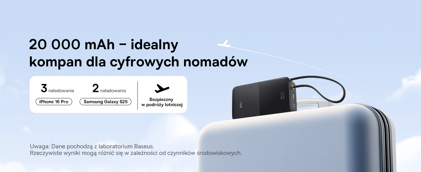 Powerbank Baseus Bipow 2 Pro 20000mAh 22.5W Cyfrowy wyświetlacz, Wbudowany kabel USB-C Czarny