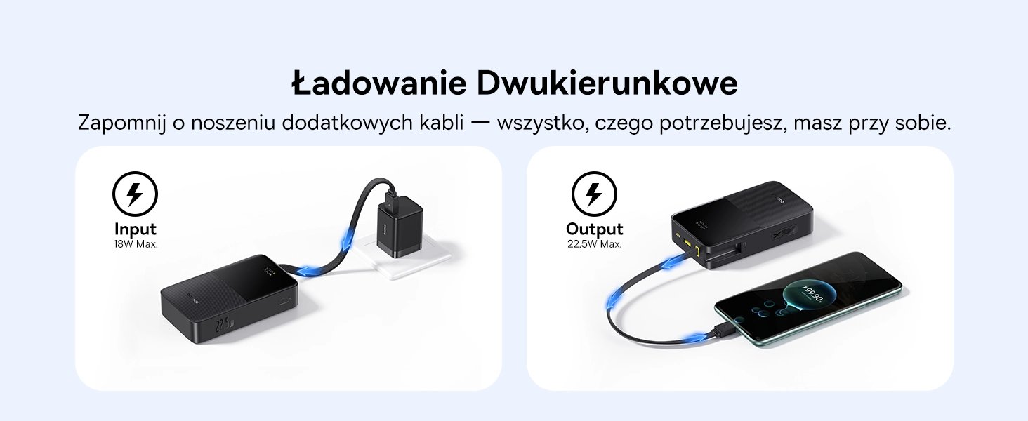 Powerbank Baseus Bipow 2 Pro 20000mAh 22.5W Cyfrowy wyświetlacz, Wbudowany kabel USB-C Czarny