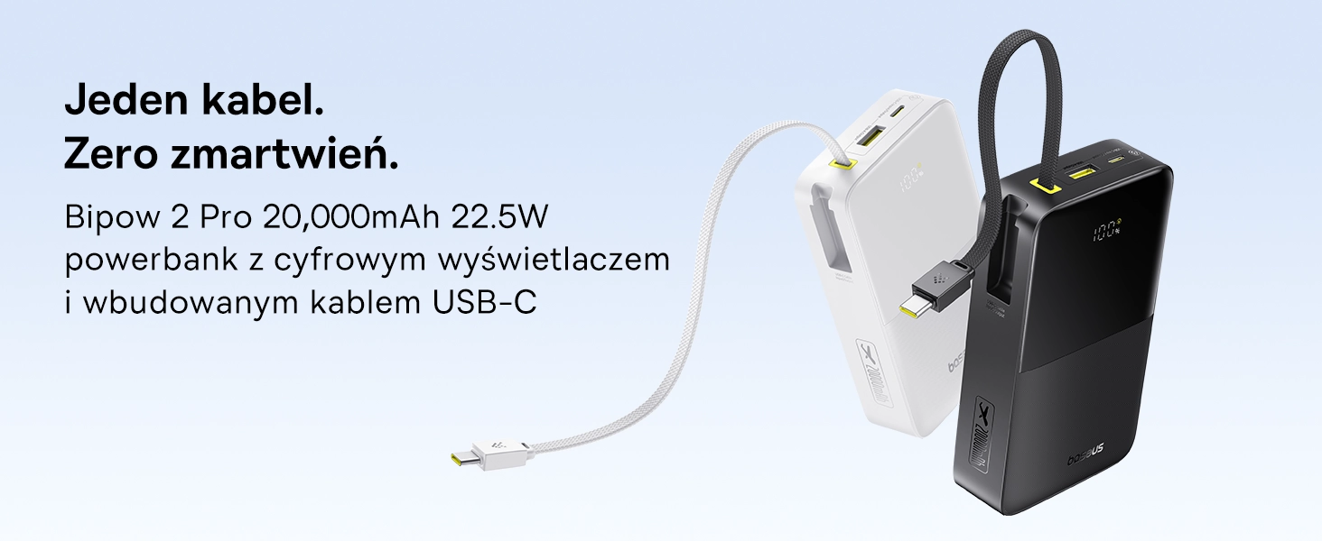 Powerbank Baseus Bipow 2 Pro 20000mAh 22.5W Cyfrowy wyświetlacz, Wbudowany kabel USB-C Czarny