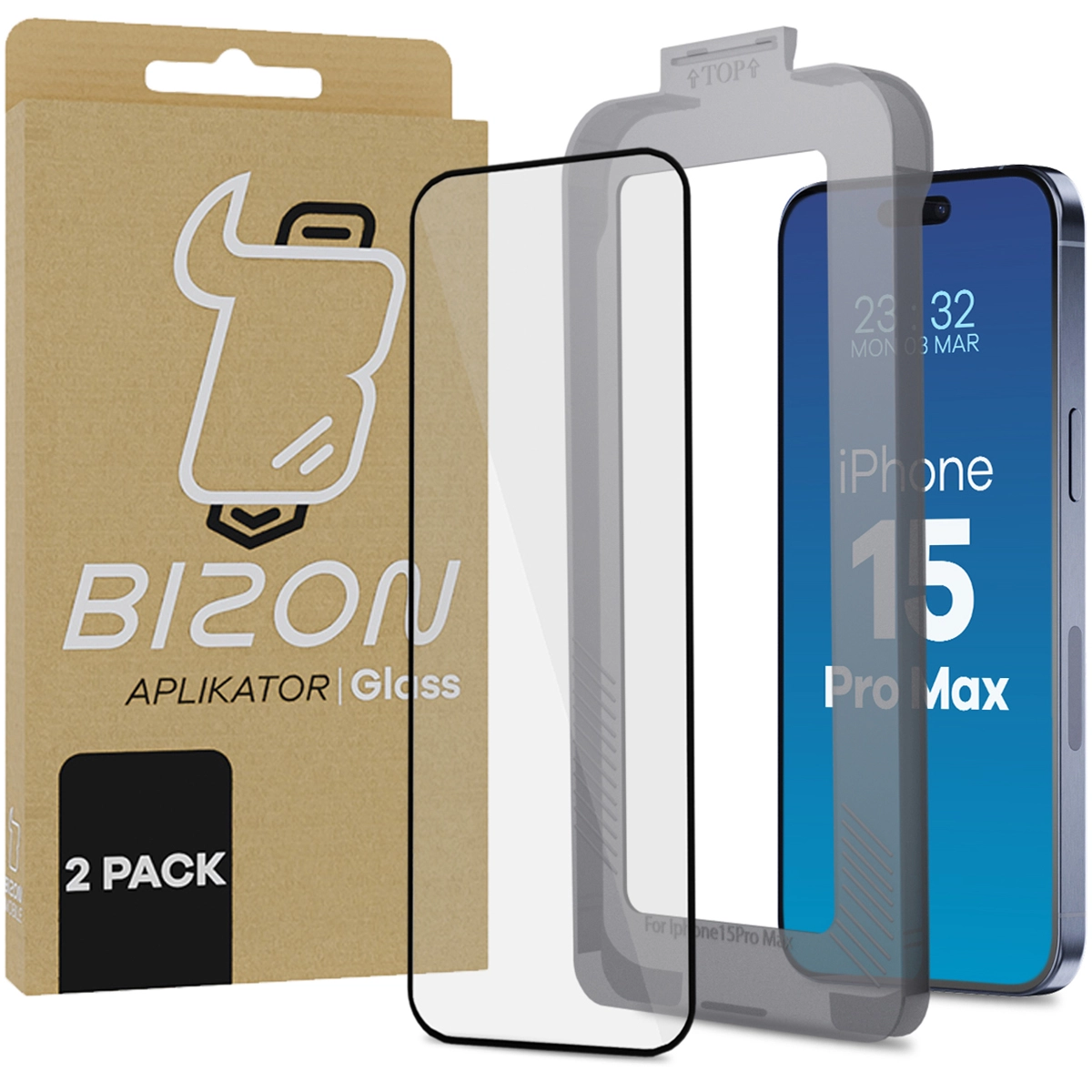 Szkło hartowane Bizon z ramką montażową Bizon Glass Aplikator do iPhone 15 Pro Max 2 sztuki