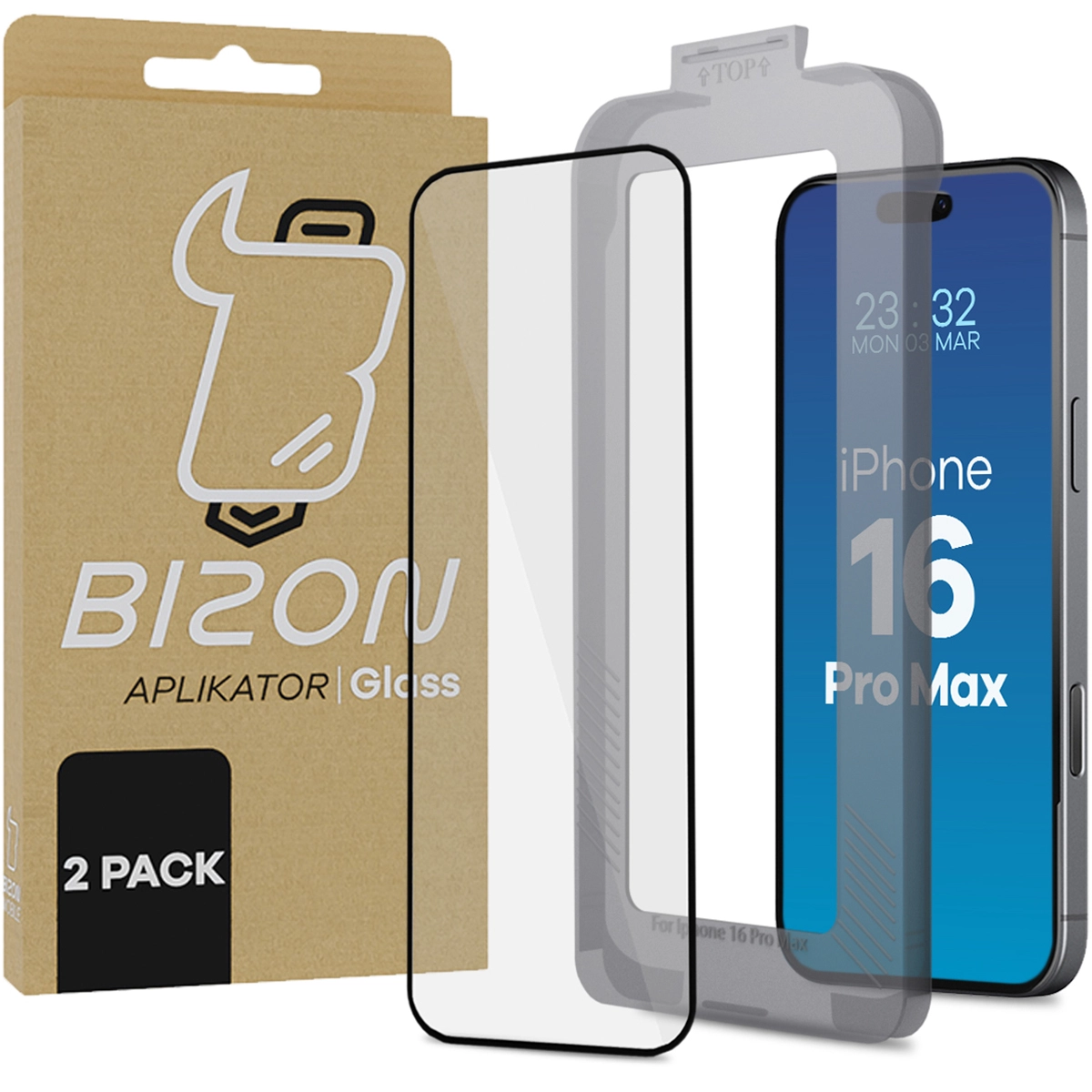 Szkło hartowane Bizon z ramką montażową Bizon Glass Aplikator do iPhone 16 Pro Max 2 sztuki