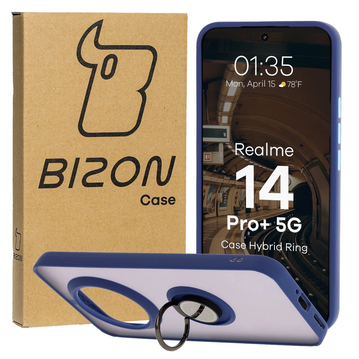 Etui Bizon z uchwytem na palec Hybrid Ring do Realme 14 Pro Plus 5G przydymione z Granatową ramką