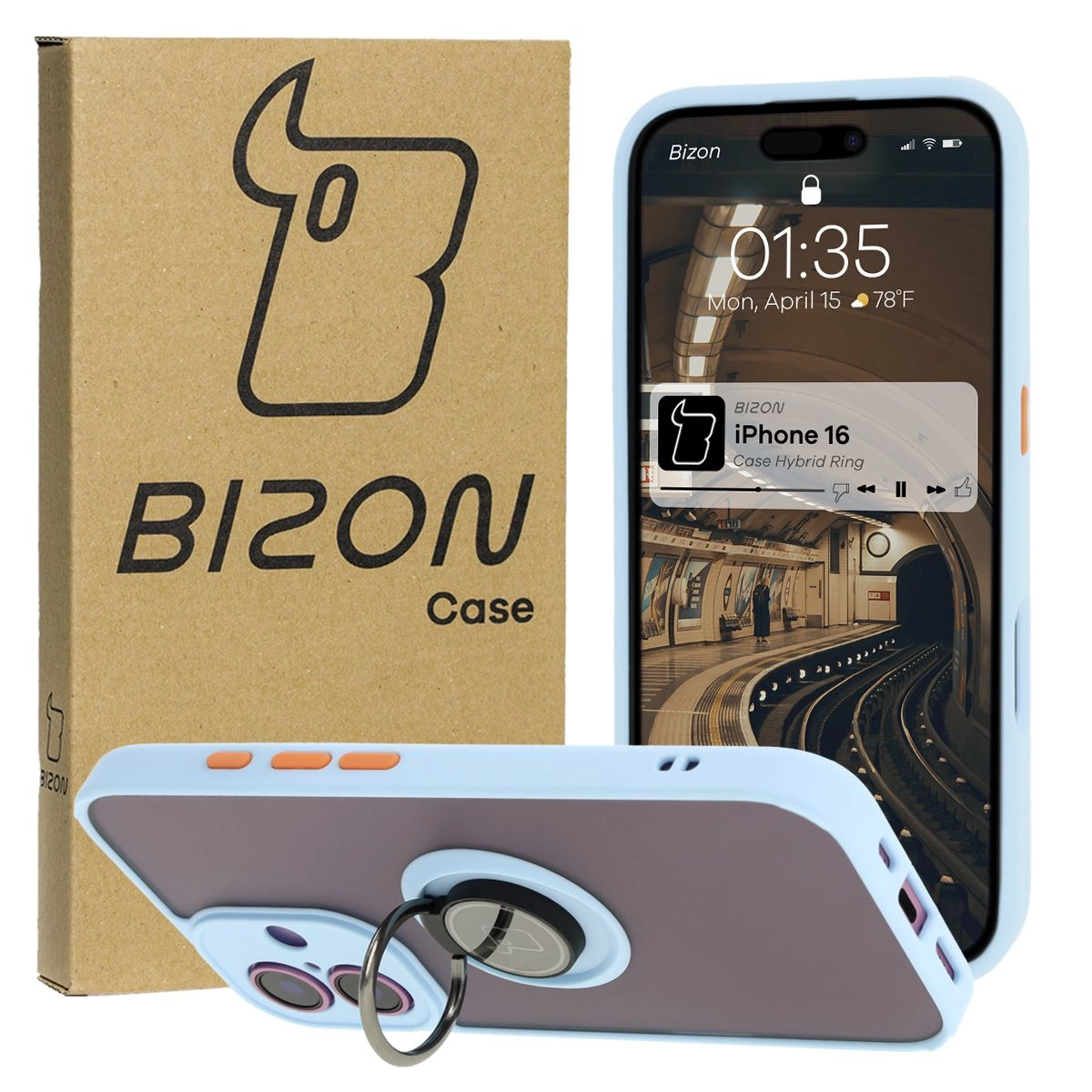 Etui Bizon z uchwytem na palec Hybrid Ring do iPhone 16 przydymione z Jasnoniebieską ramką