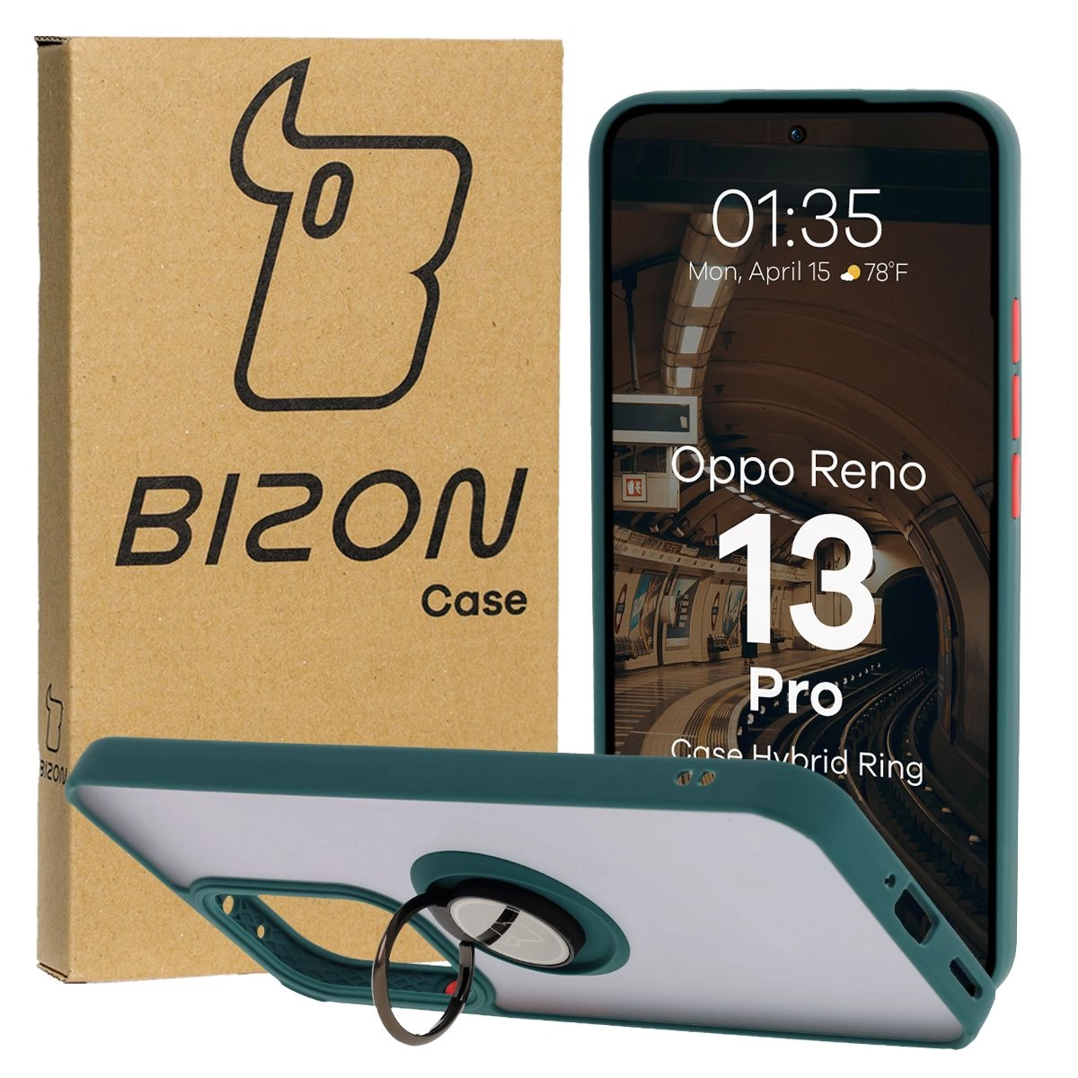 Etui Bizon z uchwytem na palec Hybrid Ring do Oppo Reno13 Pro przydymione z Ciemnozieloną ramką