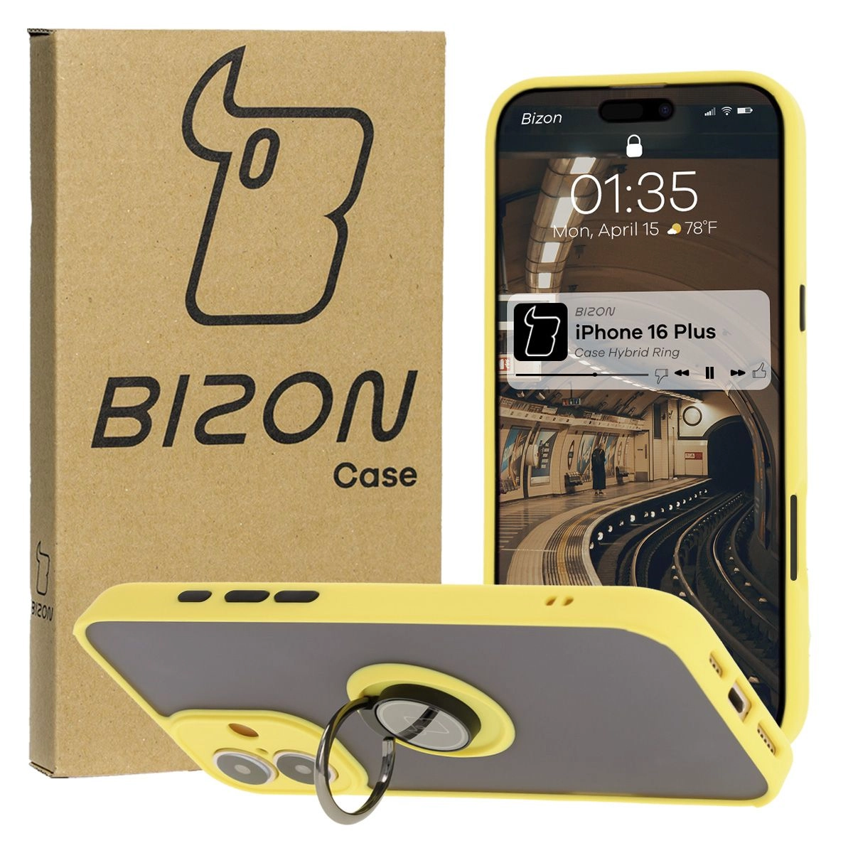 Etui Bizon z uchwytem na palec Hybrid Ring do iPhone 16 Plus przydymione z Żółtą ramką