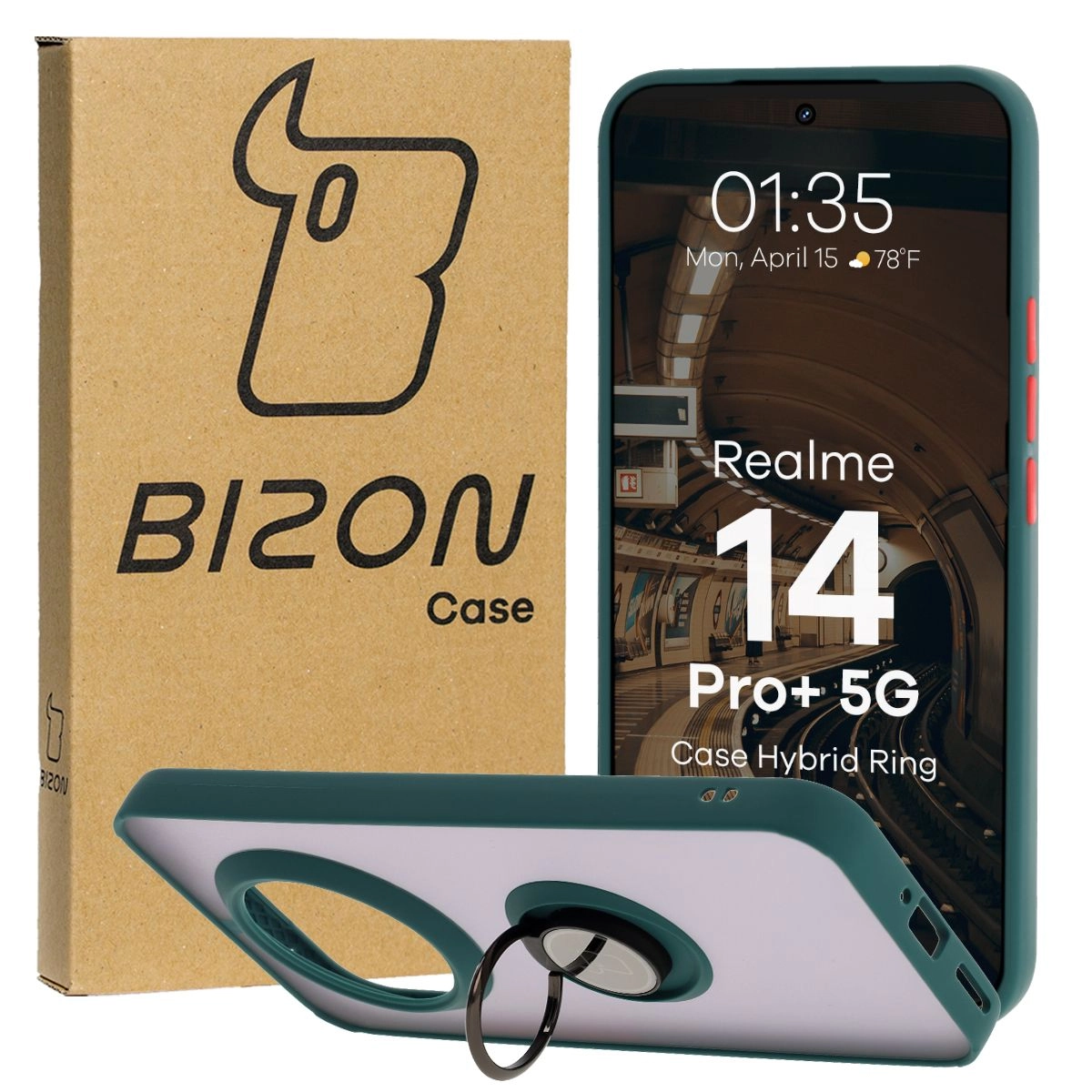 Etui Bizon z uchwytem na palec Hybrid Ring do Realme 14 Pro Plus 5G przydymione z Ciemnozieloną ramką