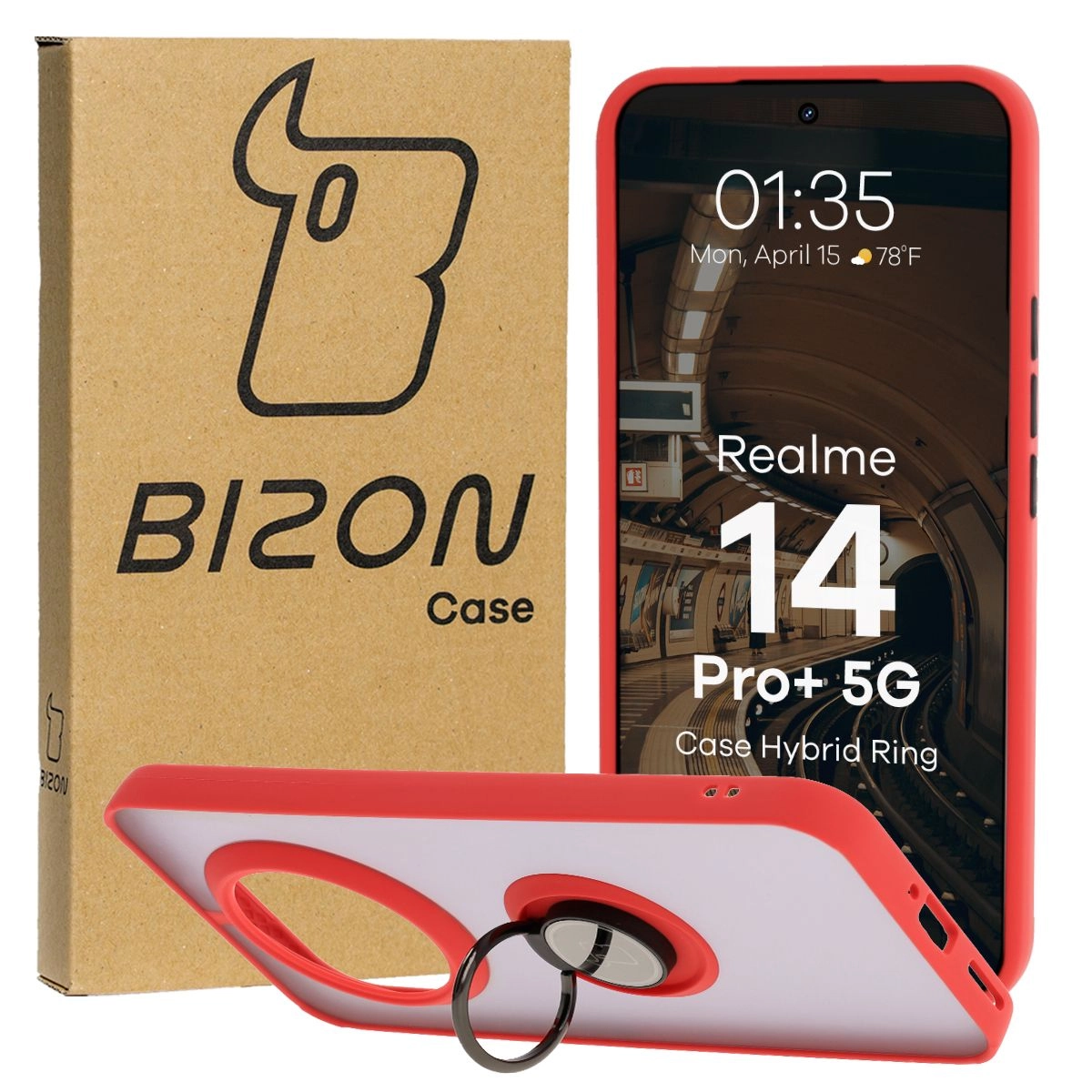 Etui Bizon z uchwytem na palec Hybrid Ring do Realme 14 Pro Plus 5G przydymione z Czerwoną ramką