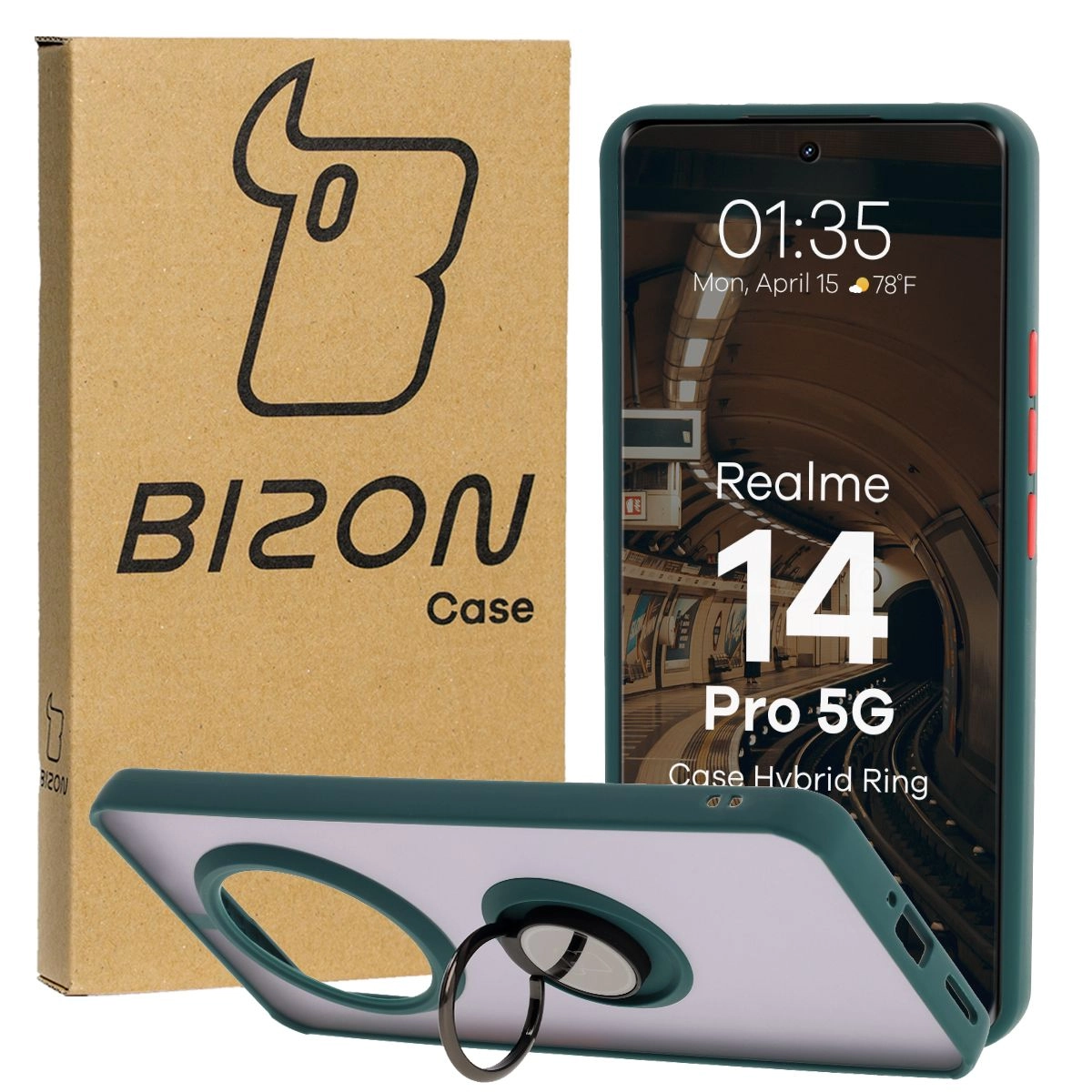 Etui Bizon z uchwytem na palec Hybrid Ring do Realme 14 Pro 5G przydymione z Ciemnozieloną ramką