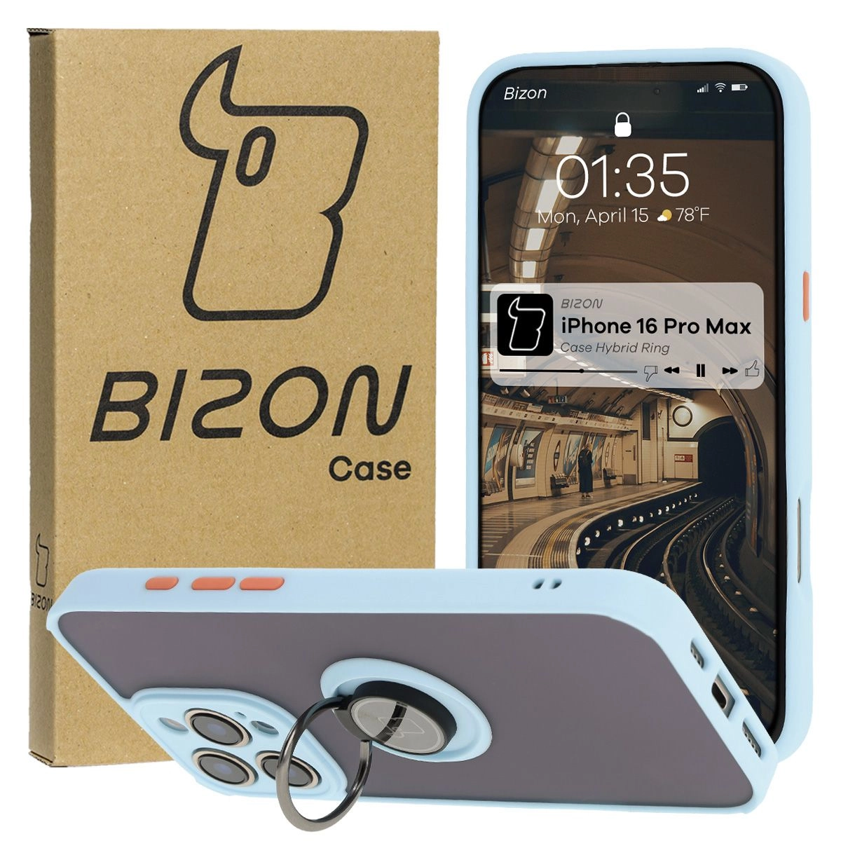 Etui Bizon z uchwytem na palec Hybrid Ring do iPhone 16 Pro Max przydymione z Jasnoniebieską ramką
