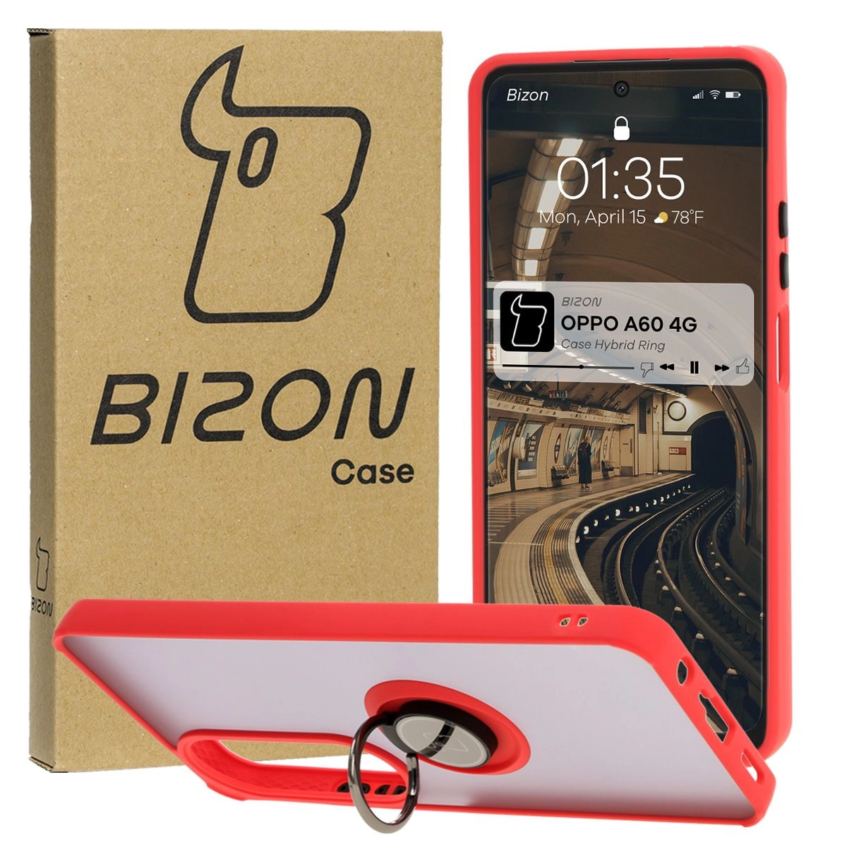 Etui Bizon z uchwytem na palec Hybrid Ring do Oppo A60 4G przydymione z Czerwoną ramką
