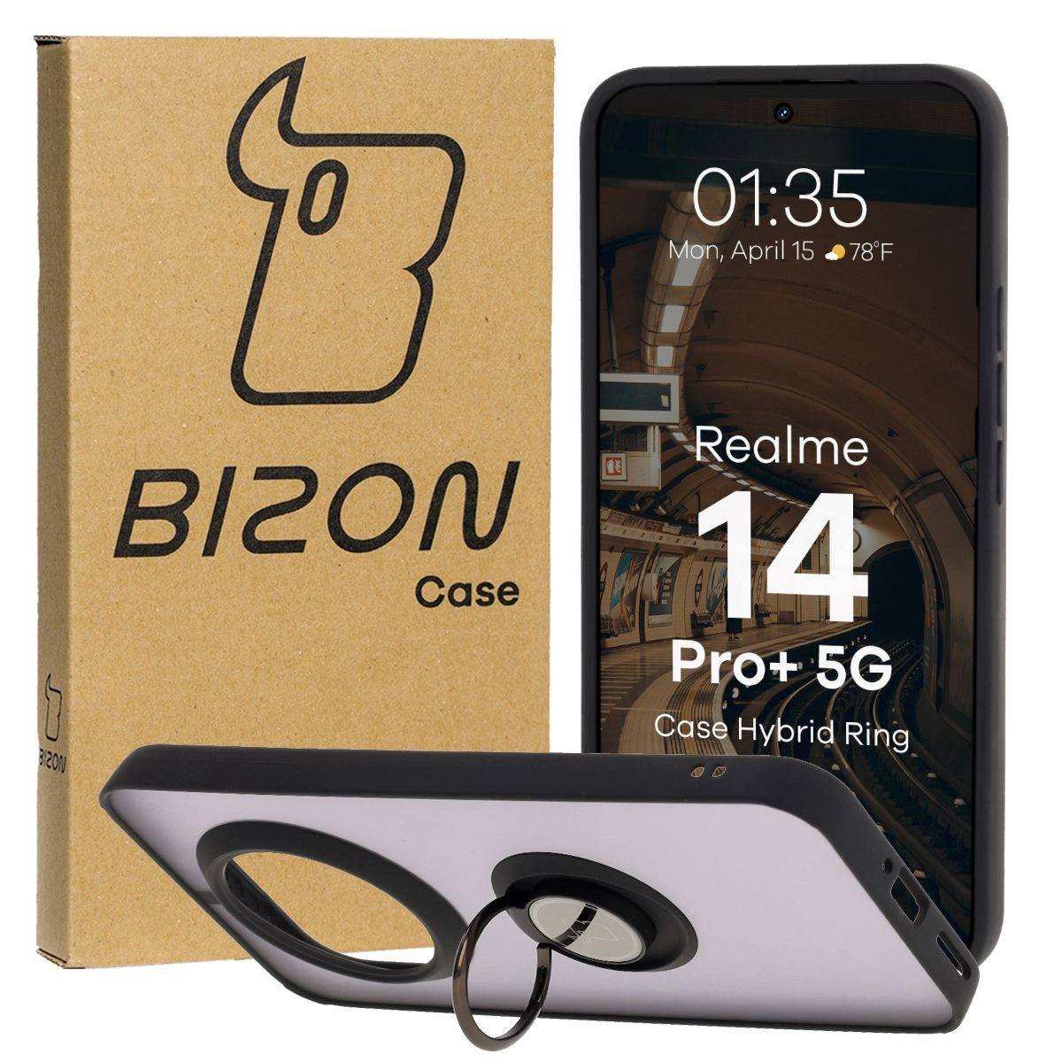 Etui Bizon z uchwytem na palec Hybrid Ring do Realme 14 Pro Plus 5G przydymione z Czarną ramką