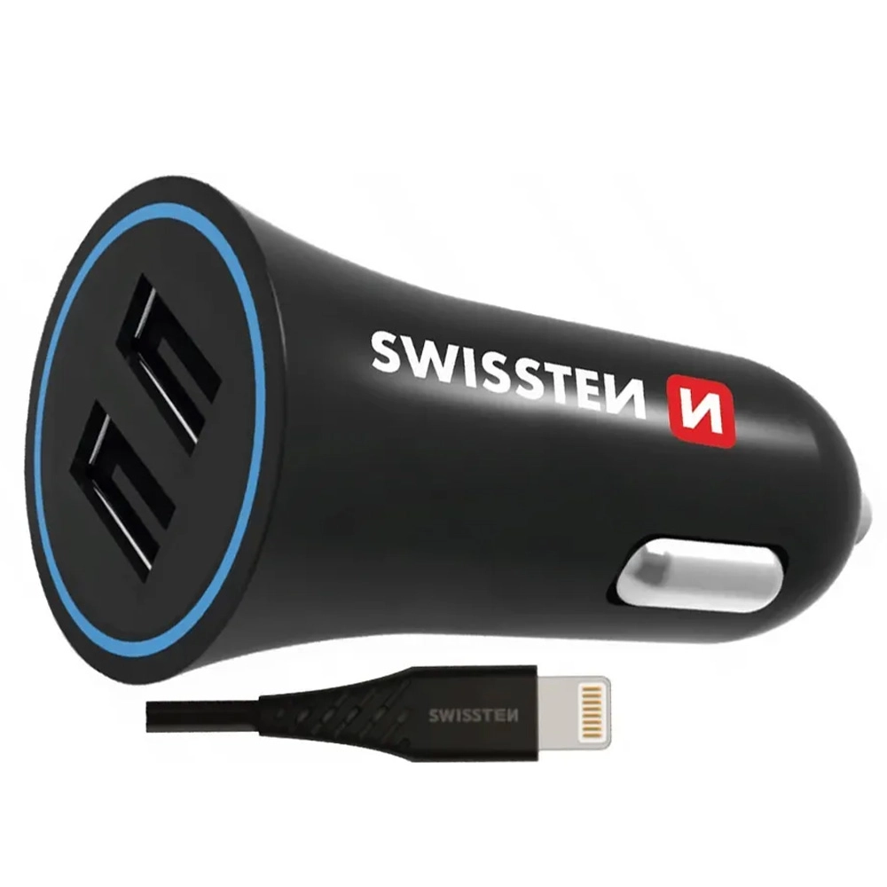 Ładowarka samochodowa Swissten 20110910 2,4A 2x USB + Lightning 1,5m Czarny