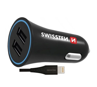 Ładowarka samochodowa Swissten 20110910 2,4A 2x USB + Lightning 1,5m Czarny