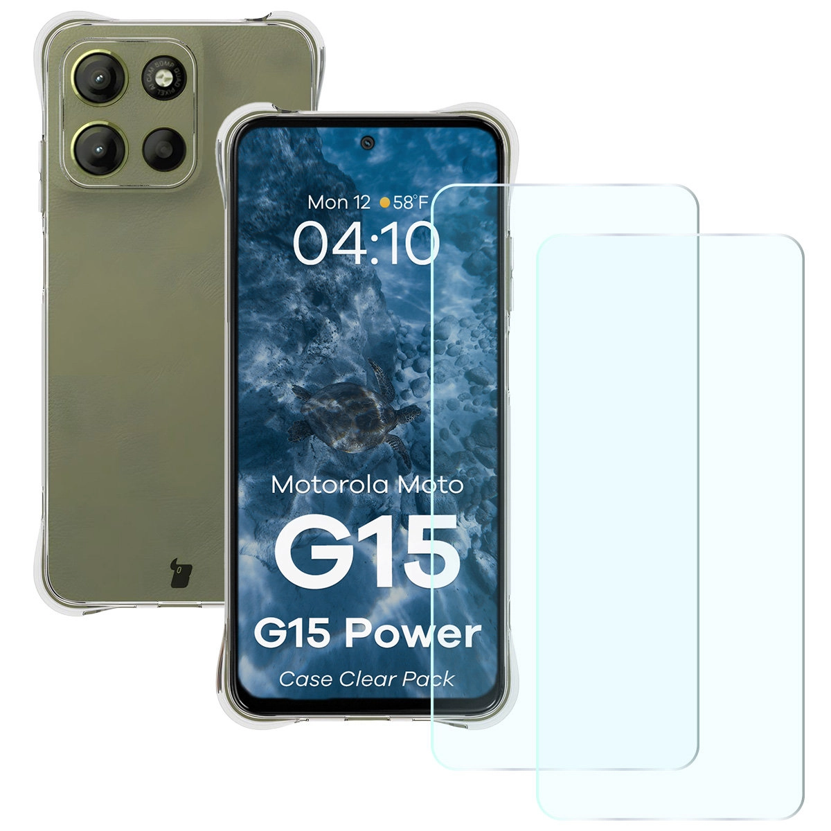 Zestaw ochronny Bizon elastyczne etui Salpa + 2x szkło hartowane Clear Pack do Motorola Moto G15 / Motorola Moto G15 Power